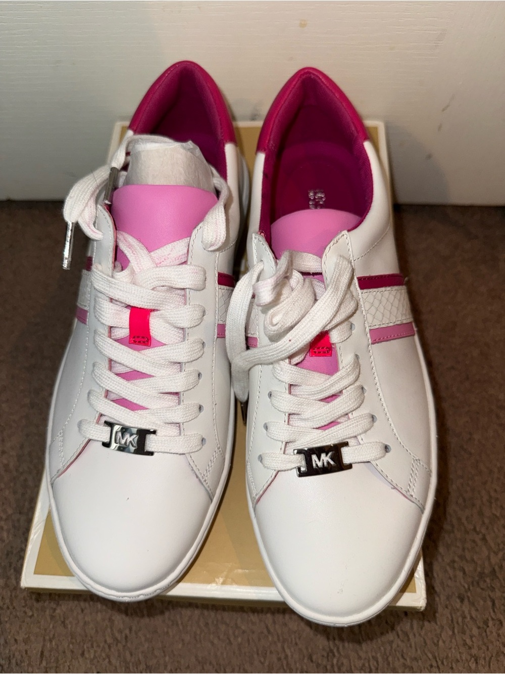 Michael Kors Irving Stripe Lace Up White Sneakers with Pink and Magenta Stripes - Picture 2 of 6